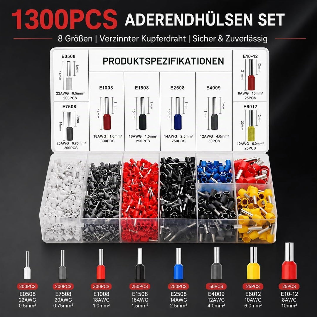 Crimpzange Aderendhülsen Set mit 1300 Stück Aderendhülsen für 0,25-10 mm², Aderendhülsenzange Crimpz