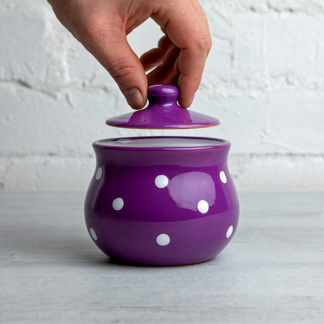 City to Cottage® - Keramik Geschirr Zuckerdose | Lila und Weiss | Polka Dots | Handgemacht | Keramik
