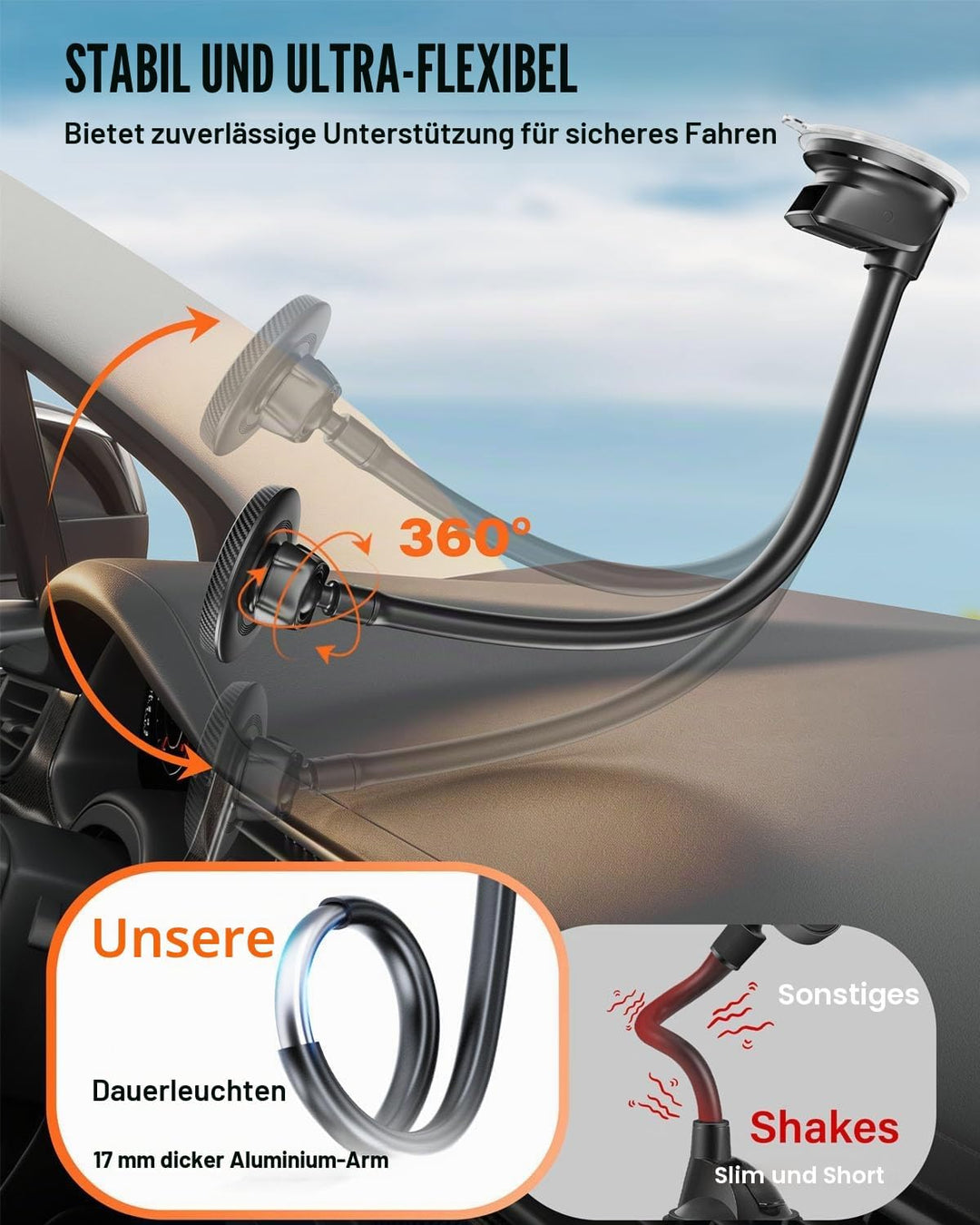 APPS2Car Magnetische Kfz-Handyhalterung für MagSafe – langer Arm 33 cm mit starkem Saugnapf für Wind