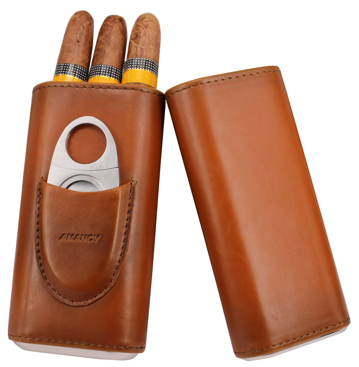 AMANCY Zigarrenetui, für 3 Finger, Leder, mit Zedernholz, mit silberfarbenem Edelstahlschneider, Bra