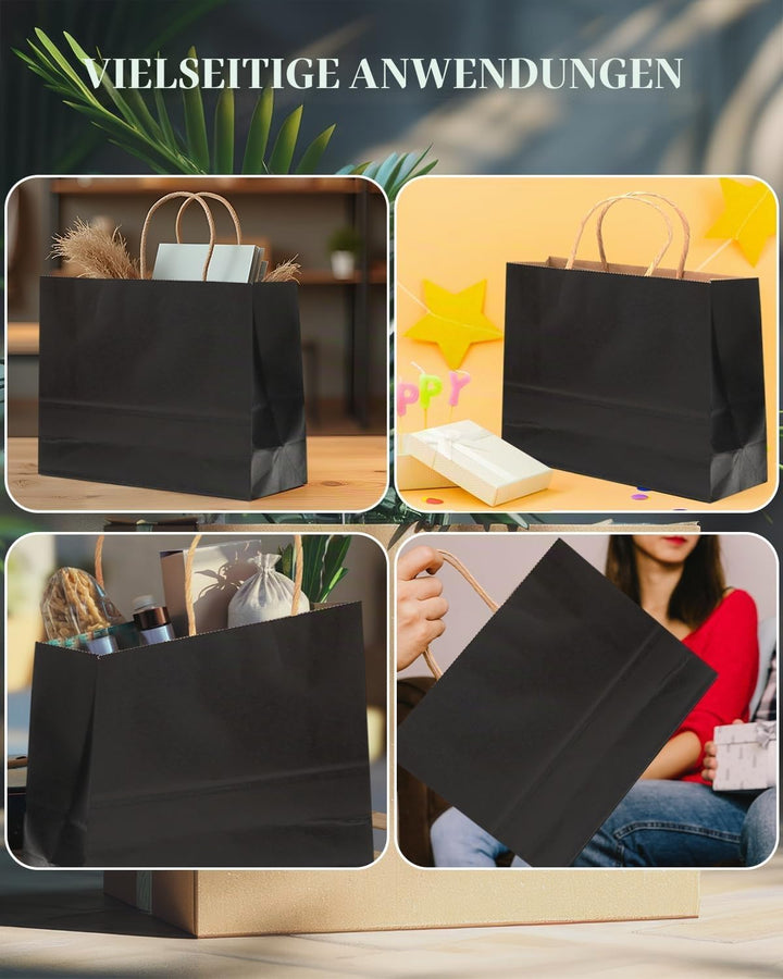 Gcardist 100 Stück Schwarz-Geschenktüten aus Papier mit Henkeln–12.6"x4.3"x10"-Tüten Breite Tasche P