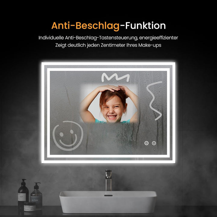 EMKE Badspiegel mit Beleuchtung 80x60cm Badezimmerspiegel mit Antibeschlag, Touchschalter, kaltweiss
