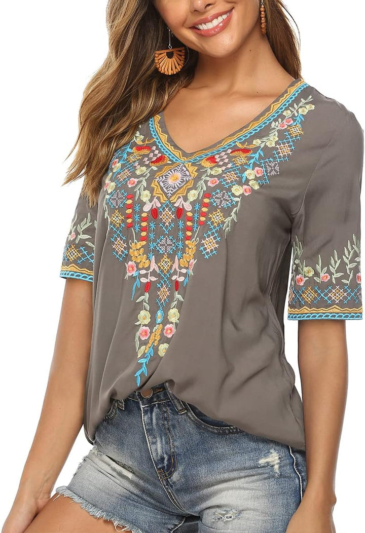 Seasonal Tunika Damen Sommer Boho Folklore Bluse mit Stickerei Oberteil Hippie Trachten Kurzarm Klei