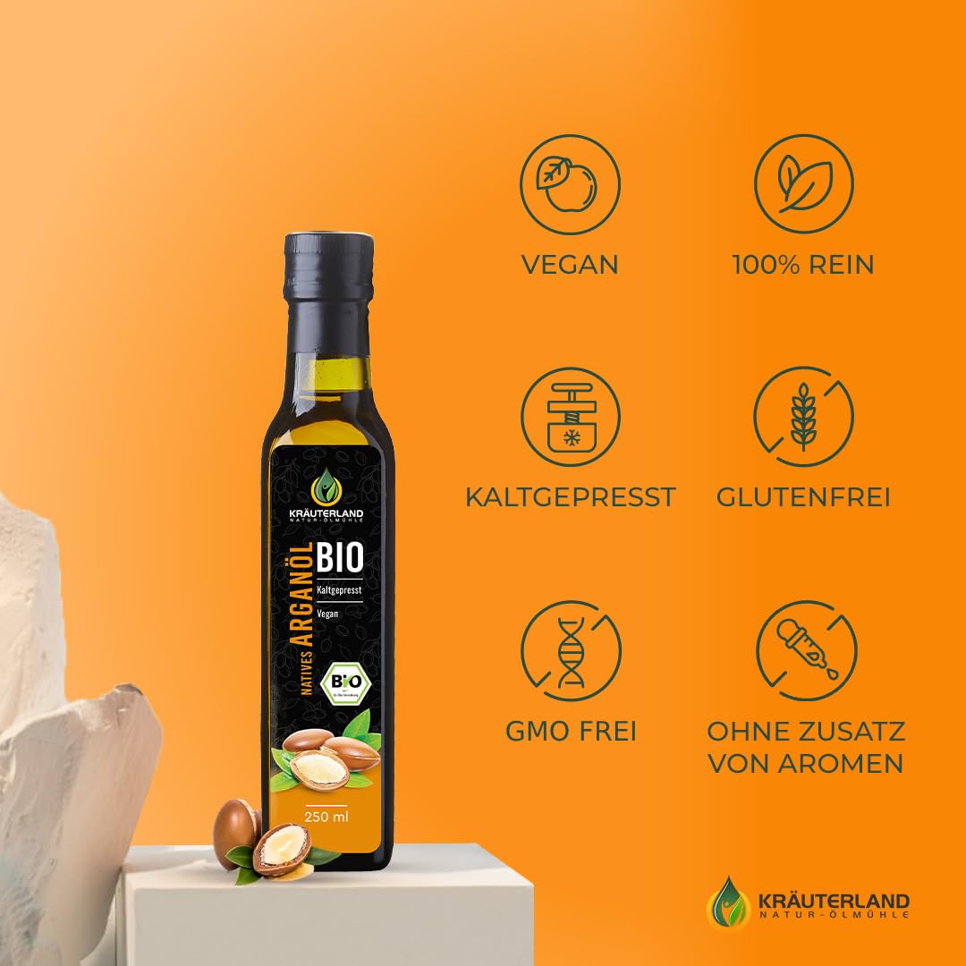 Kräuterland Bio Arganöl - Argan Speiseöl 250ml, kaltgepresst, nativ aus Marokko - ungeröstet, mild &