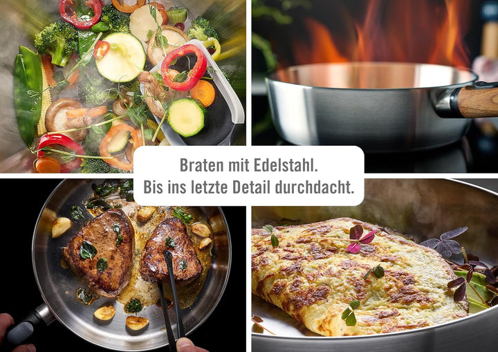 Woll Logic Steel Flachpfanne - Induktiv -, Ø 24 cm, 5 cm hoch mit abnehmbarem nachhaltigem Holzstiel