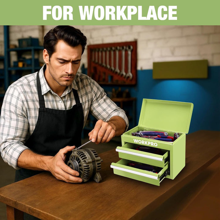 WORKPRO Metall Schubladenbox mit 2 Schubladen & Oberer Stauraum Avocadogrün, 27,5x15x20,8cm Tisch Or