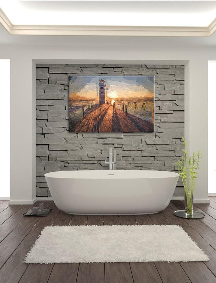 Pixxprint Leuchtturm am Steg als Leinwandbild/Grösse: 100x70 cm/Wandbild/Kunstdruck/fertig bespannt,