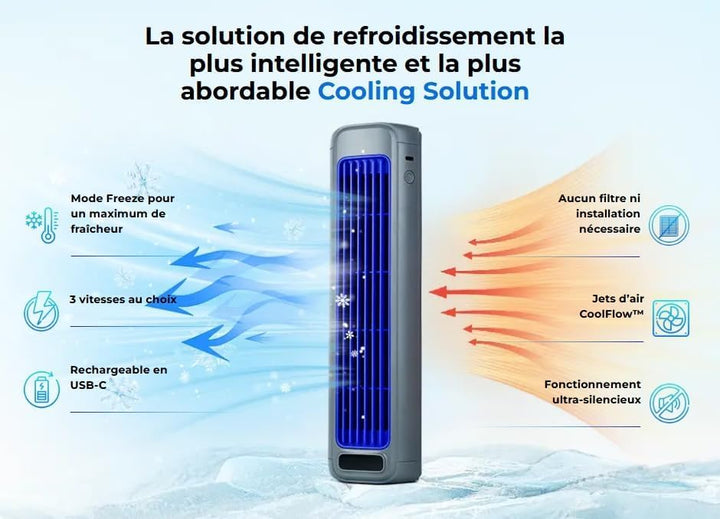 Breezamax Cooling Ace Original – Mobiler Luftkühler Extrem Leise, Bladeless Turmventilator mit 3 Ges