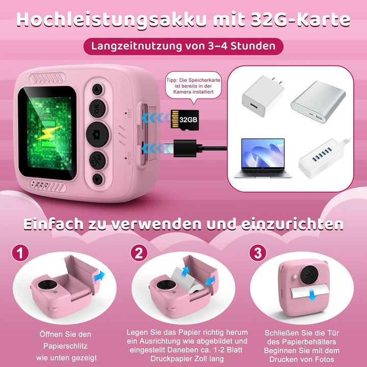 Kamera Sofortbildkamera, Kamera mit Karte & 4 Bände Druckpapier, 48MP Sofortbildkamera mit 1080P Dig