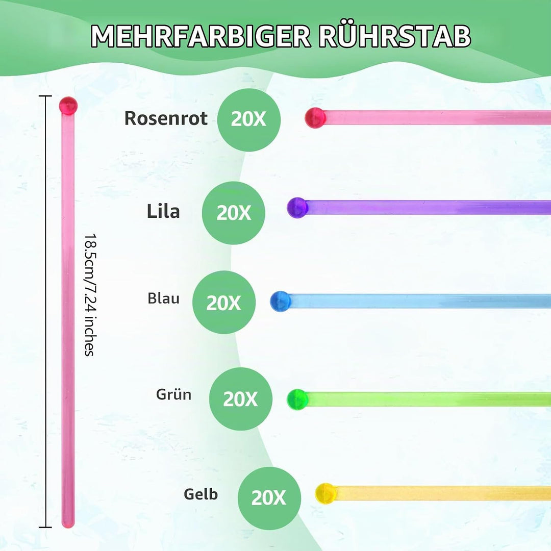 5-farbige Getränke-Rührstäbchen,100 Stück Cocktail Stirrer Stäbchen-18,5 cm,Transparent Wiederverwen