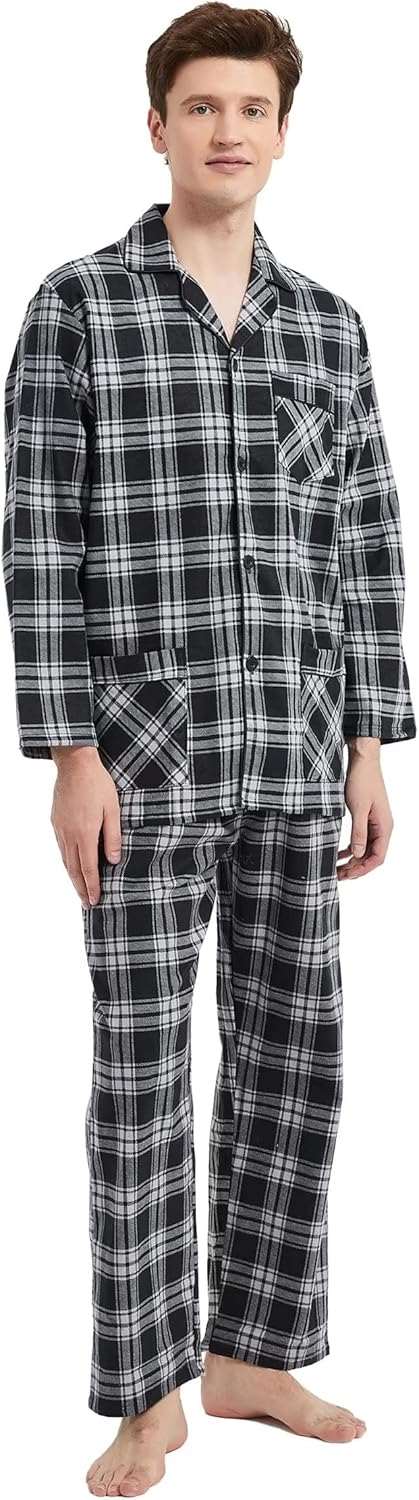Amaxer Flanell Schlafanzug Herren 100% Baumwolle Pyjama mit Knopfleiste Set Lang Warmer Winter Schla