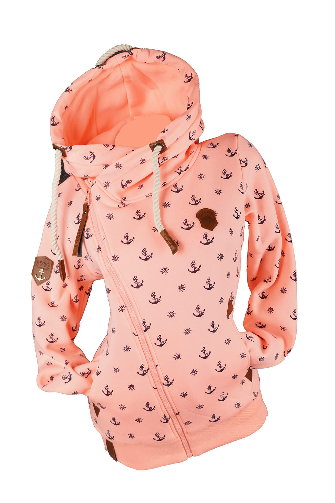 VIN TE Damen Sweat Jacke XXL Kapuze Hoodie Übergangsjacke Fleece gefüttert schräger Reissverschluss