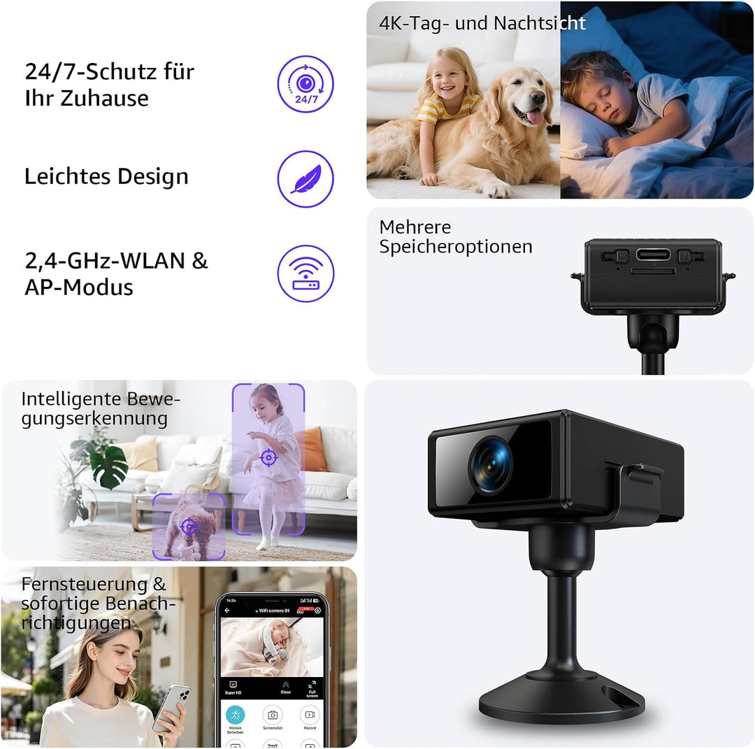 Mini Kamera 4K WLAN Überwachungskamera Innen, WiFi Kamera mit Handy APP, Live-Übertragung, Nachtsich