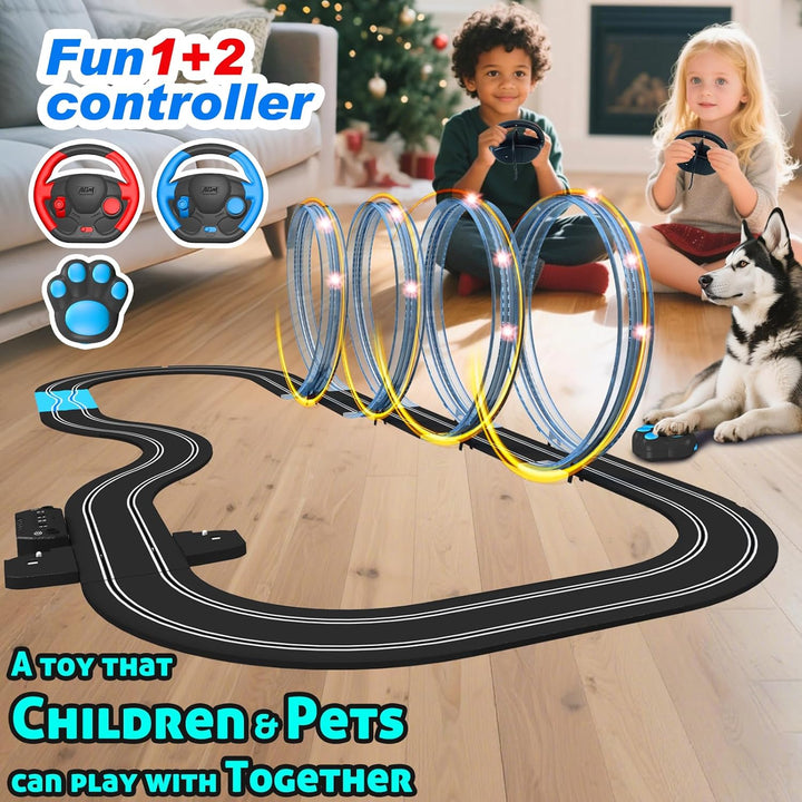 AGM MASTECH 18,7 Fuss Slot Car Rennbahn Set, 4 offiziell lizenzierte Lichtspielzeugautos, Lenkrad- u