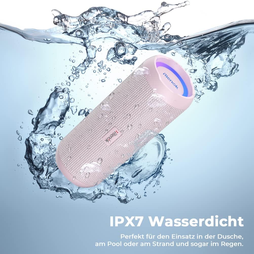 RIENOK Bluetooth Lautsprecher mit Licht Bluetooth 5.3 Musikbox Bass Kabellos Box mit IPX7 wasserdich