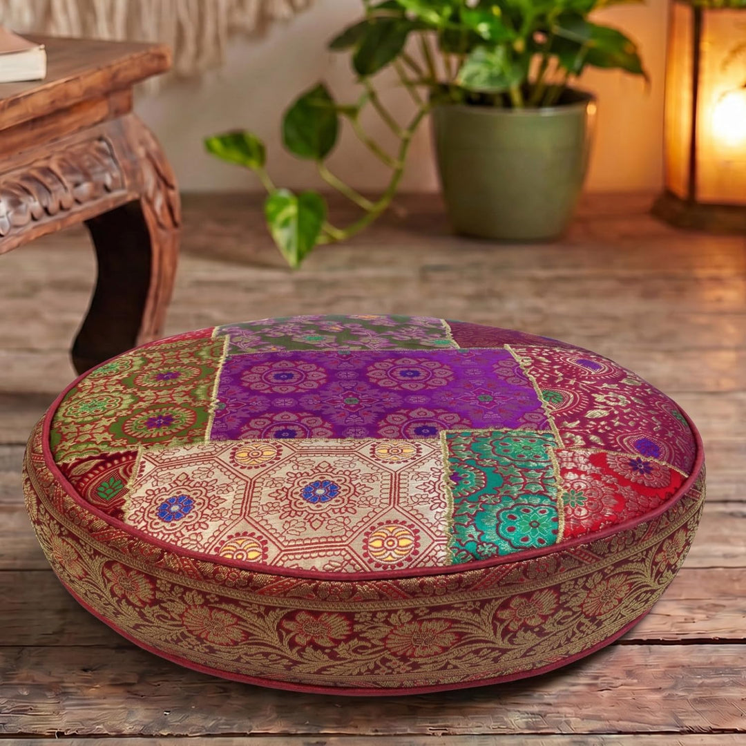 GURU SHOP Orientalisches Rundes Patchwork Kissen 40 cm, Sitzkissen, Bodenkissen mit Baumwollfüllung