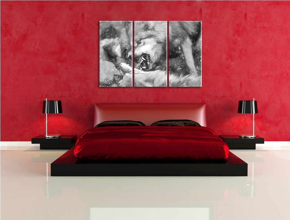 kämpfende Wölfe Spezial 3-Teiler Leinwandbild 120x80 Bild auf Leinwand, XXL riesige Bilder fertig ge