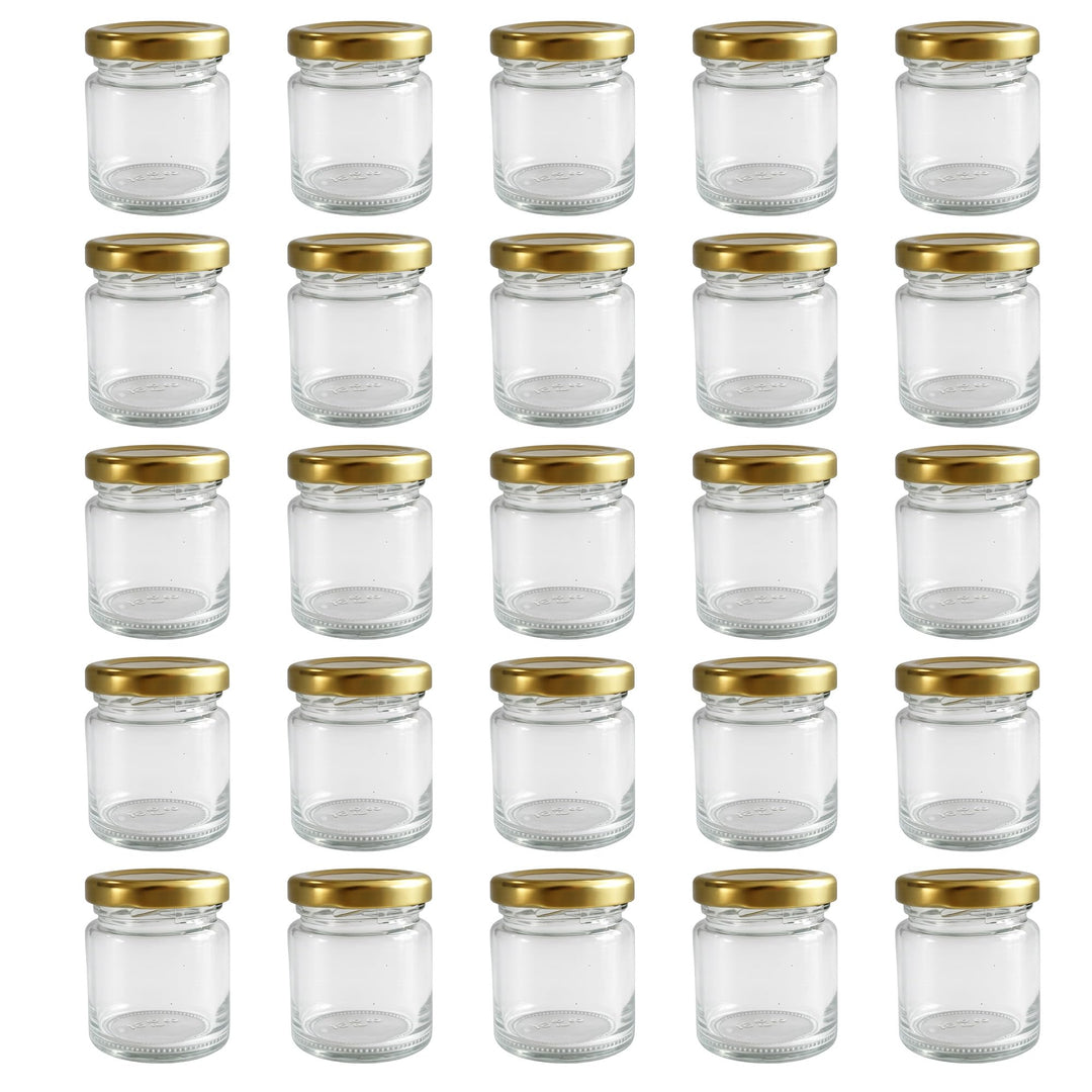 Vitrea 25x Mini Marmeladengläser 50 ml - mit Deckel Gold TO 43 - kleine Einmachgläser zum befüllen m