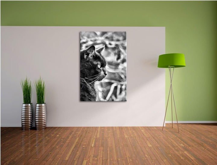 Monocrome, schwarze Katze, Format: 100x70 auf Leinwand, XXL riesige Bilder fertig gerahmt mit Keilra