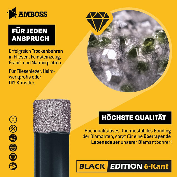 Fliesenbohrer Set Ø 5, 6, 8, 10, 12 mm (5 tlg.) /Sechskant Aufnahme - Amboss Black Edition Diamantbo