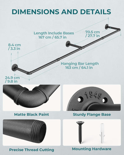 OROPY Industrielle Rohr Kleiderstange, 167 cm Wandmontage Abnehmbare Retro Metall Kleiderstange zum