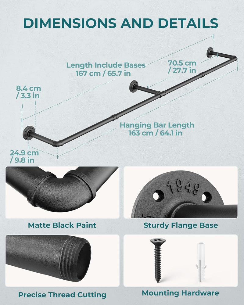 OROPY Industrielle Rohr Kleiderstange, 167 cm Wandmontage Abnehmbare Retro Metall Kleiderstange zum