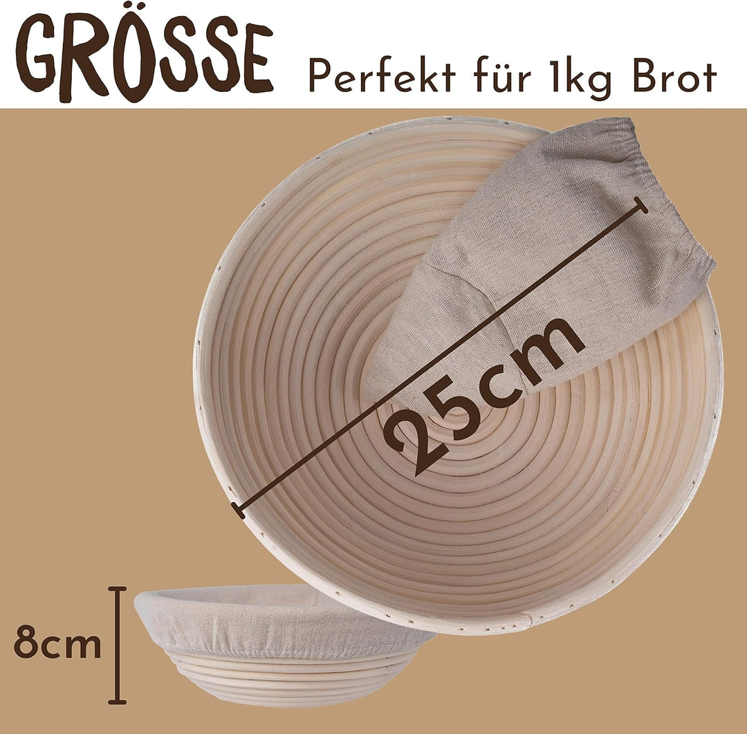 riijk Gärkörbchen + Teigschaber – Der ideale Gärkorb aus natürlichem Peddigrohr (rund, 25 cm) – mit