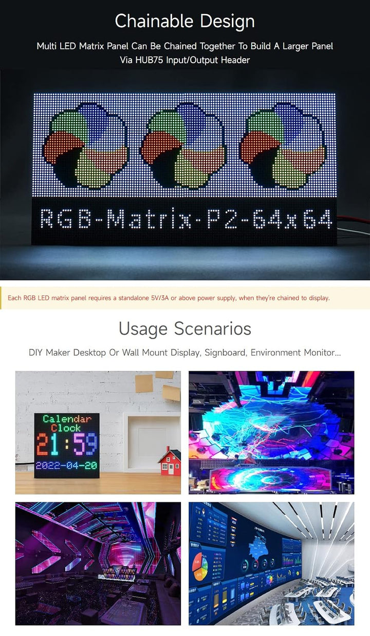 Waveshare RGB Full-Color LED Matrix Panel 2mm Pitch 64x64 Pixels Adjustable Brightness Compatible wi