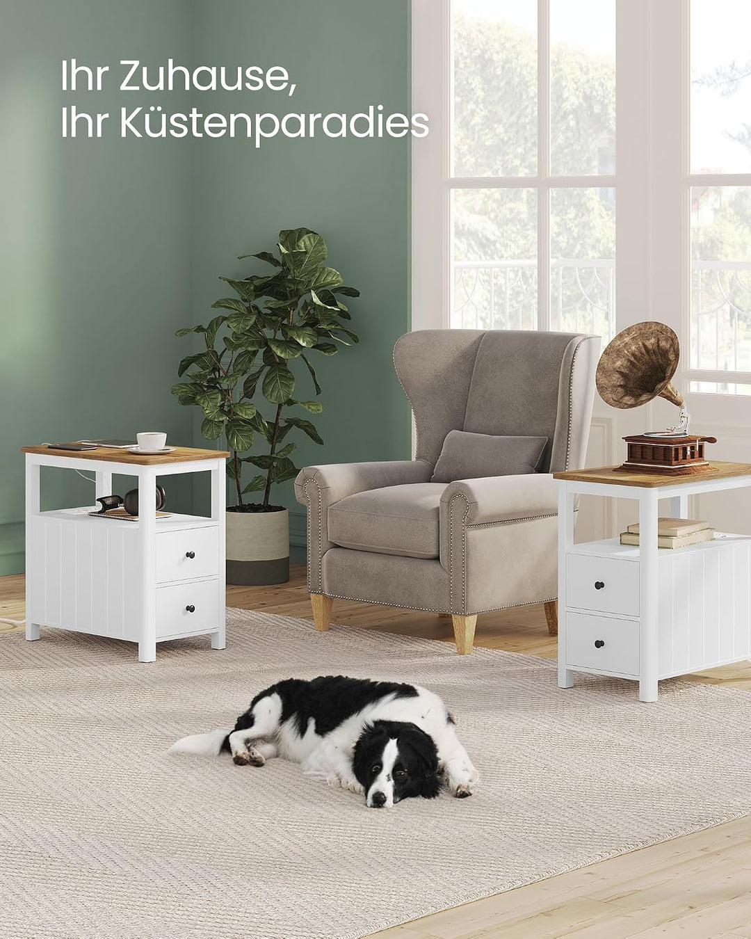 VASAGLE Beistelltisch, schmaler Nachttisch mit Steckdosenleiste, 2 Schubladen, Sofatisch, für kleine