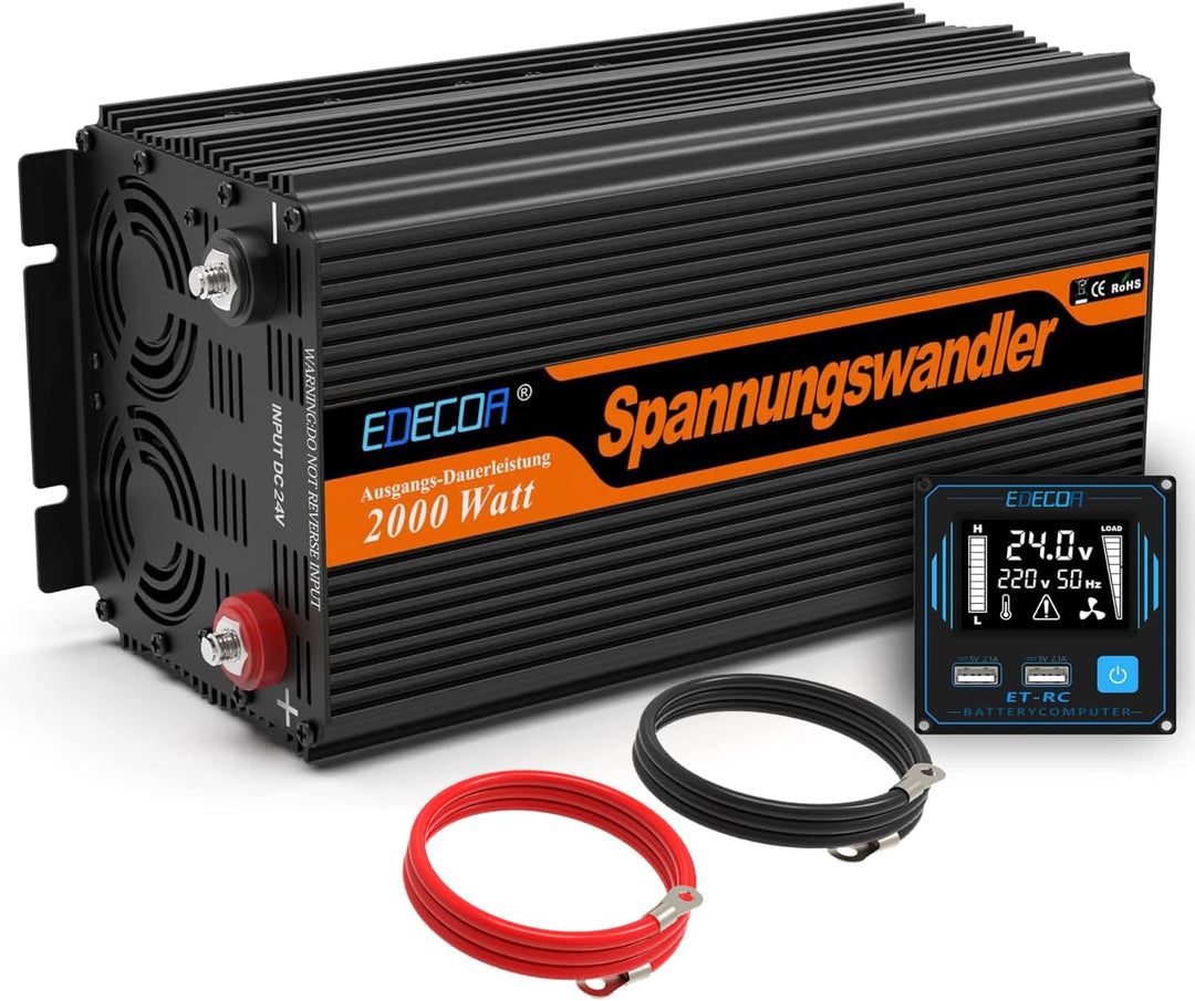 EDECOA Wechselrichter 2000w 24v 230v Spannungswandler mit Neuer Fernbedienung 2X USB und Bildschirm
