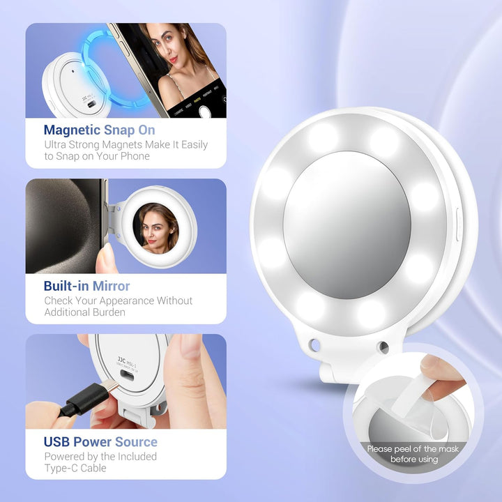 JJC Magnetisches LED-Selfie-Ringlicht Handy Selfie Mirror mit 3 Helligkeitseinstellungen – rastet au