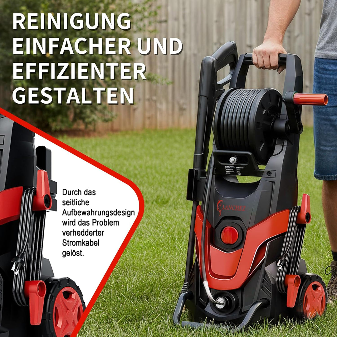 LANCHEZ Hochdruckreiniger 145 bar max Druck, Fördermenge 420 l/h, Inkl. Schlauchtrommel, 4 Schnellan