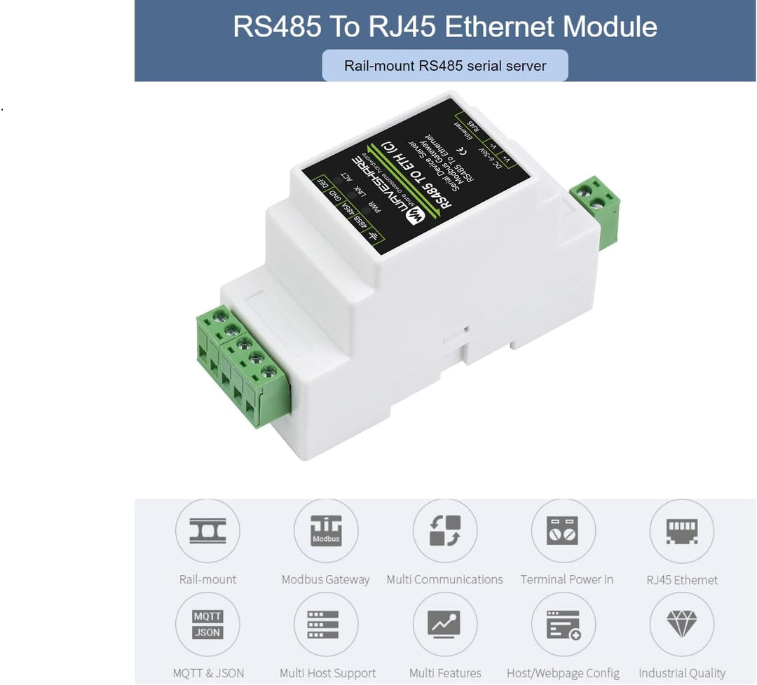 Waveshare RS485 to RJ45 Ethernet Converter Module (C), Industrial Rail-Mount RS485 Serial Server wit