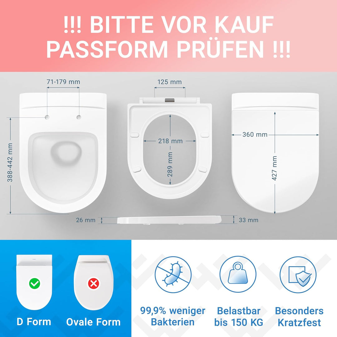 LOBENSWERK Toilettendeckel D Form [KURZ] einfache Montage | Klodeckel mit Absenkautomatik | Toilette