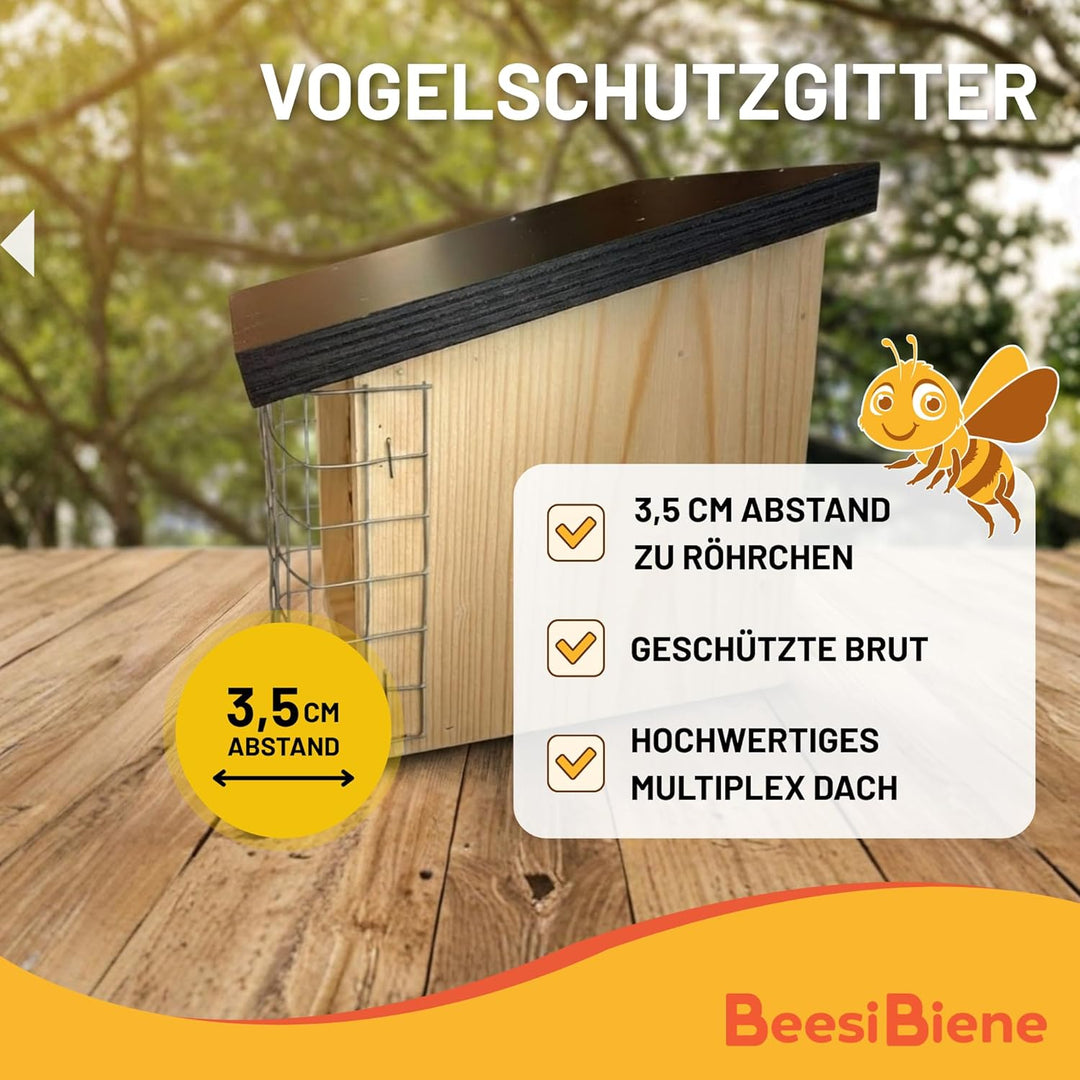 BEESI Insektenhotel mit Vogelschutz-Gitter & Multiplex Dach - Artgerechtes Wildbienenhotel wetterfes
