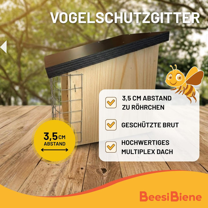 BEESI Insektenhotel mit Vogelschutz-Gitter & Multiplex Dach - Artgerechtes Wildbienenhotel wetterfes