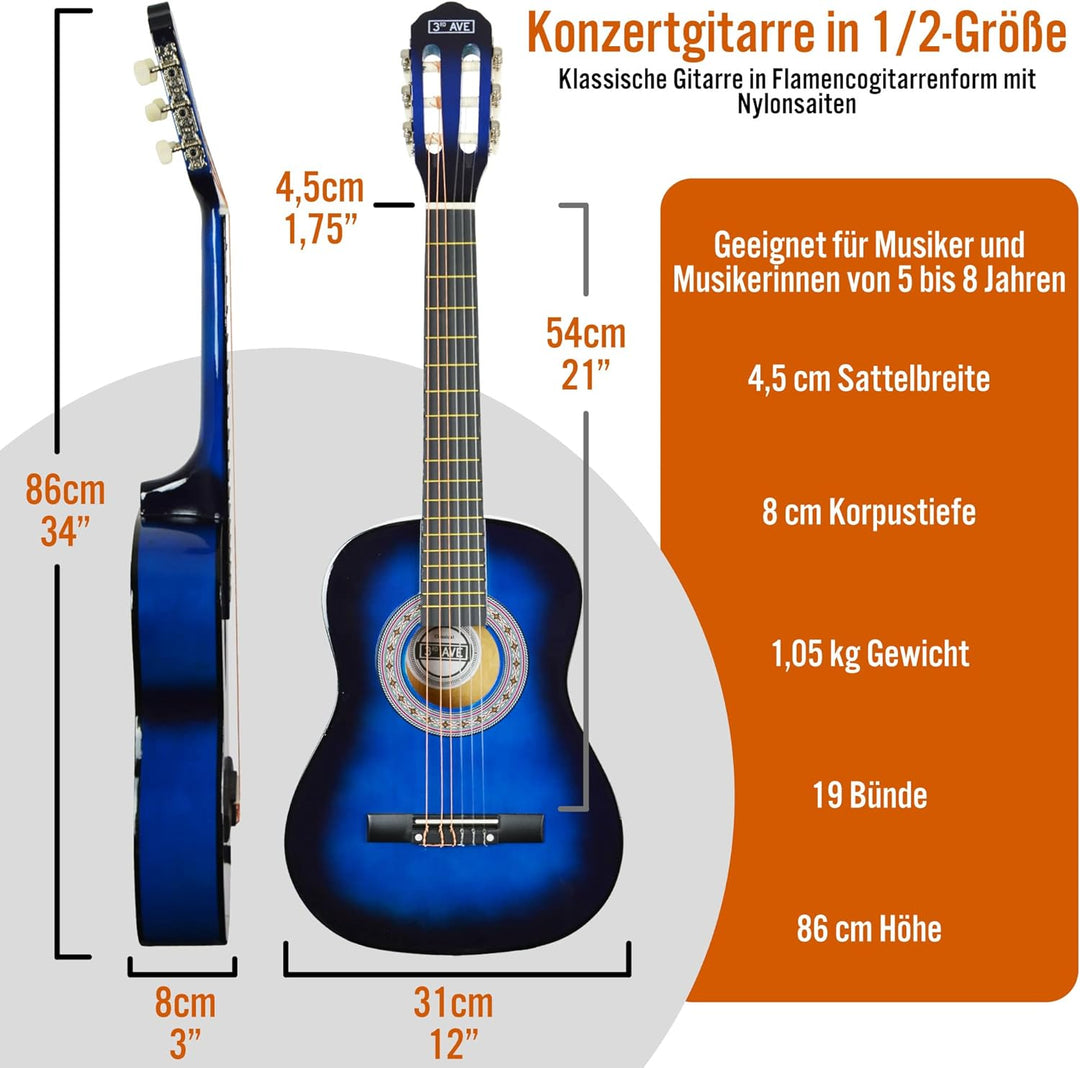 3rd Avenue 1/2 Flamencogitarren-Starterset in Kindergrösse mit Nylonsaiten – mit Tasche, Saiten – in