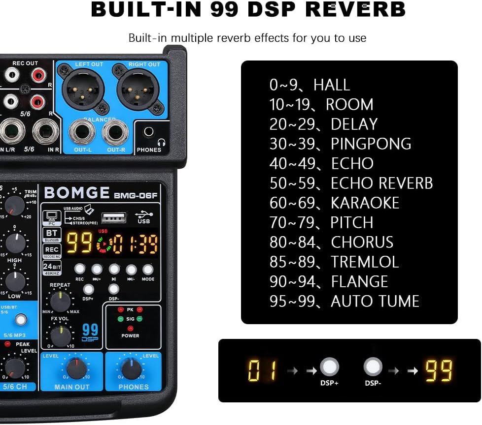 BOMGE 6-Kanal-Mini-DJ-Audio-Sound-Mixer-Konsole mit USB-Schnittstelle, Bluetooth, Stereo-Aufnahme, 4