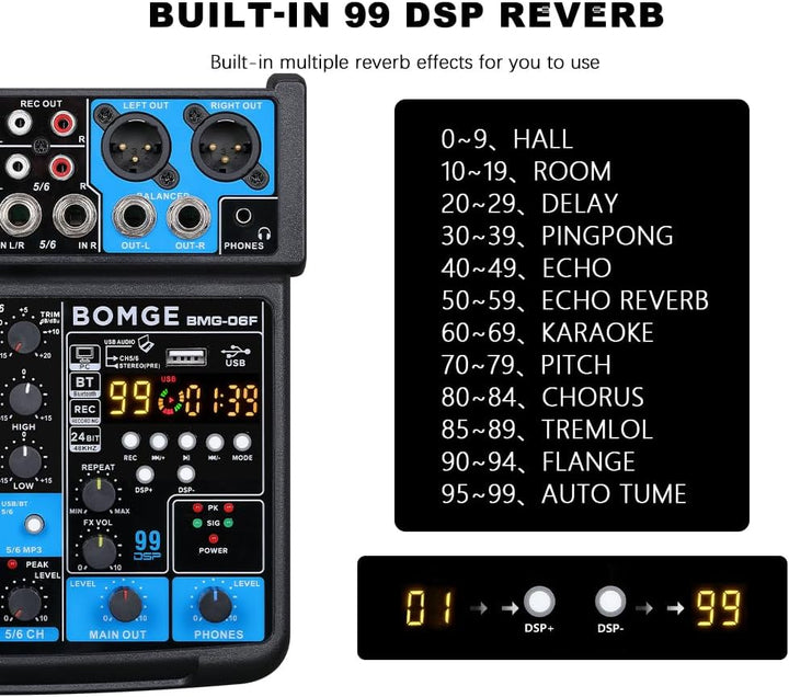 BOMGE 6-Kanal-Mini-DJ-Audio-Sound-Mixer-Konsole mit USB-Schnittstelle, Bluetooth, Stereo-Aufnahme, 4