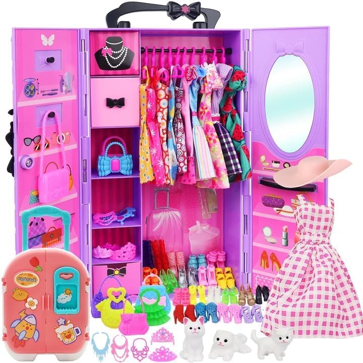 83 Teile Puppenkleidung Puppenzubehör Kleiderschrank für 11,5 Zoll Puppe Dress Up Set mit Koffer, Kl