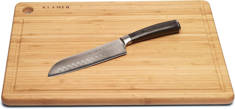 KLAMER Premium Santoku Damastmesser mit Bambus Schneidebrett, echter japanischer Stahl 18 cm Kochmes