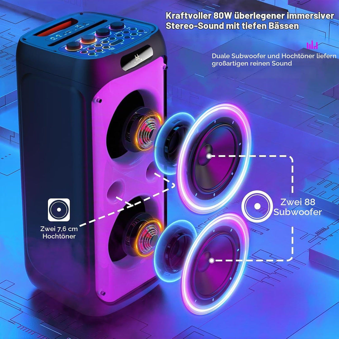 JYX Karaoke Maschine Tragbarer Bluetooth-Lautsprecher mit 2 drahtlosen Mikrofonen für Erwachsene, Ka