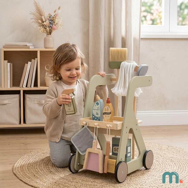 Mamabrum Holz Reinigungswagen für Kinder mit Rollenzubehör Set 11 tlg. Push-Bildspielzeug Rollenspie