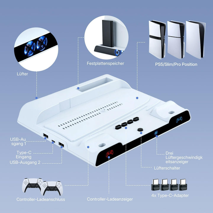 Wigearss PS5/PS5 Slim/PS5 Pro Kühler Standfuss mit Dual Controller Ladegerät, PS5 Controller Ladesta