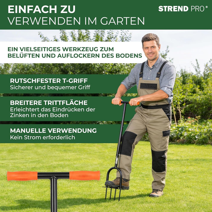 STREND PRO Rasenbelüfter Rohr 4 Vollzinken 25 cm | Aerifizierer für Rasen mit T-Griff manuell | Rase