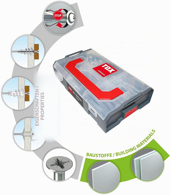 TOX L-BOXX Mini Indoor Dübelsortiment, 120 tlg., anpassbar, stapelbar, mit Spiral, Spiral Plus und A