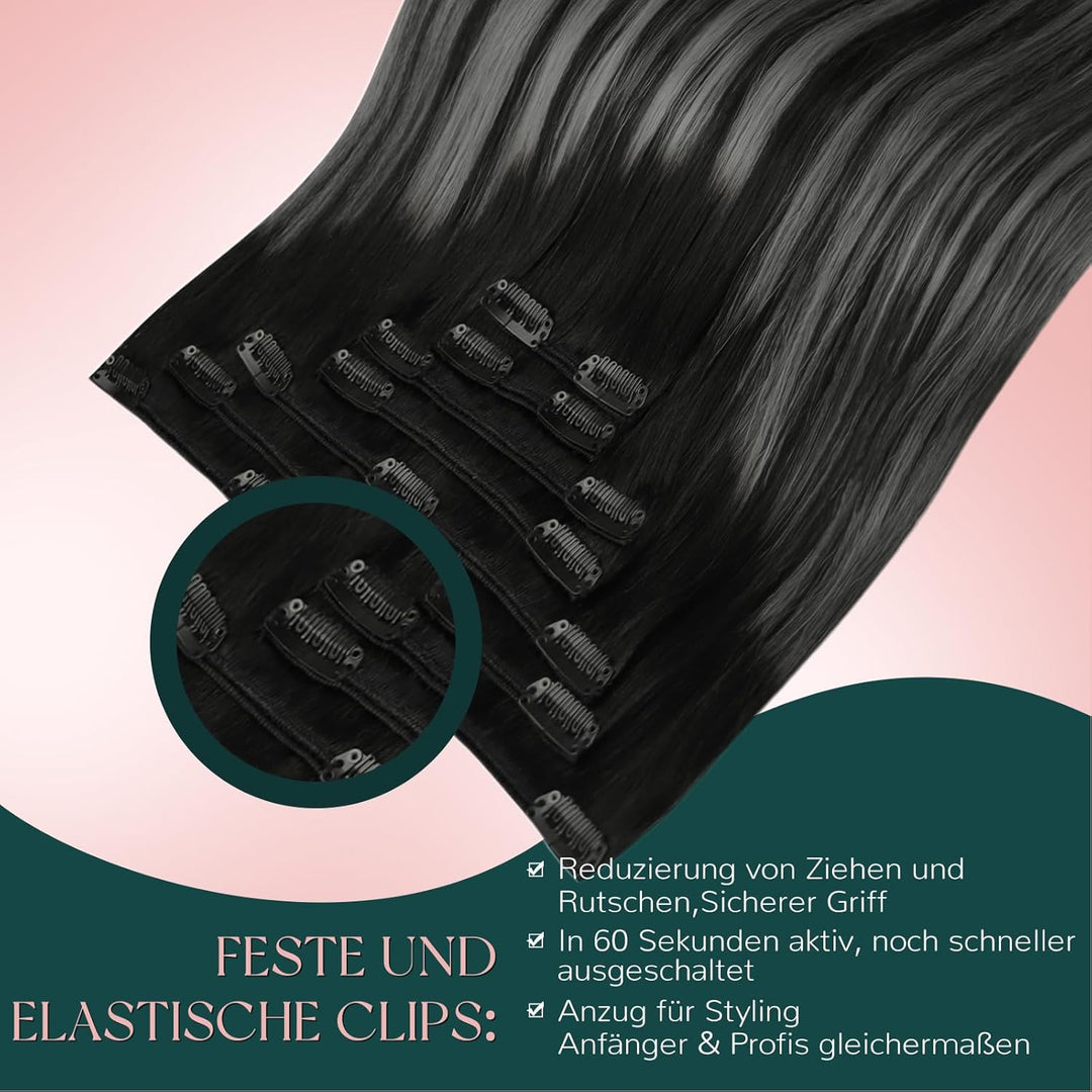 Easyouth Clip on Extensions Echthaar Remy Echthaar Clip in Extensions Farbe Off Black Mix Silber und