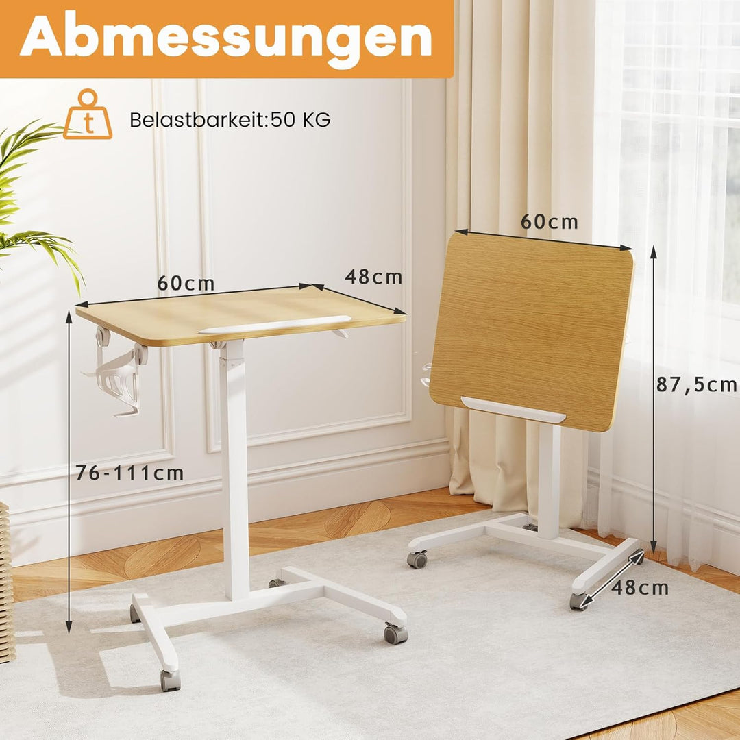 COSTWAY Beistelltisch höhenverstellbar mit Rollen, Stehtisch mit 90° neigbarer Tischplatte, Haken un