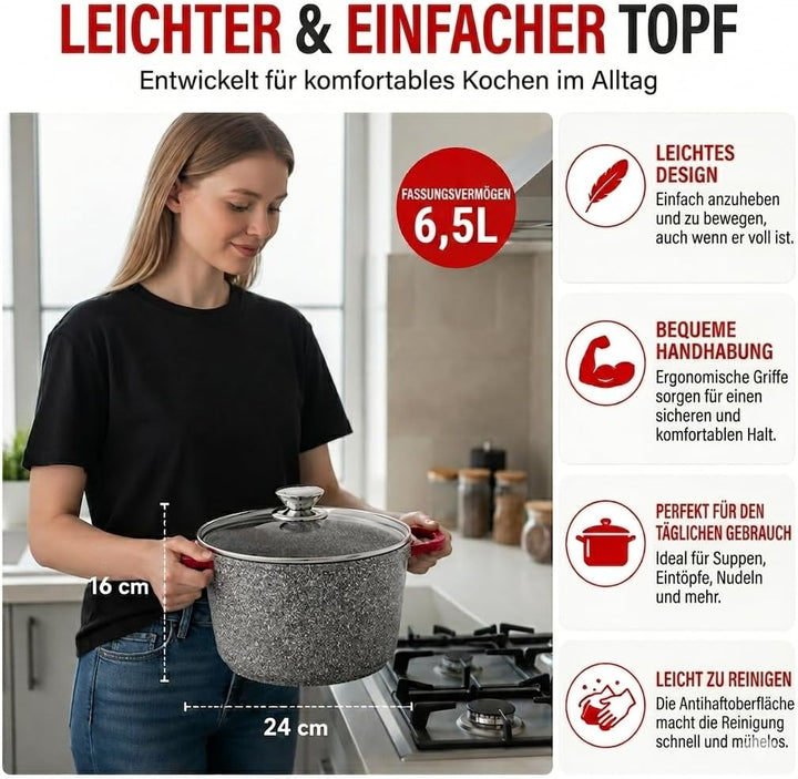 Royal Swiss® Suppentopf Ø24 cm – 6,2 L mit Glasdeckel – Edelstahl & Antihaftbeschichtung – Abnehmbar