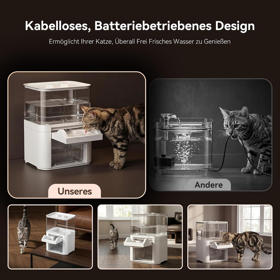 Katzenbrunnen mit Abwasserseparation &amp; ohne Filterwatte, Haustierwasserautomat mit 4000mAh &amp; 4L Gros